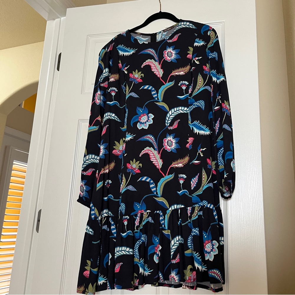 J. McLaughlin Black Floral Long-Sleeve Ruffle Hem Dress